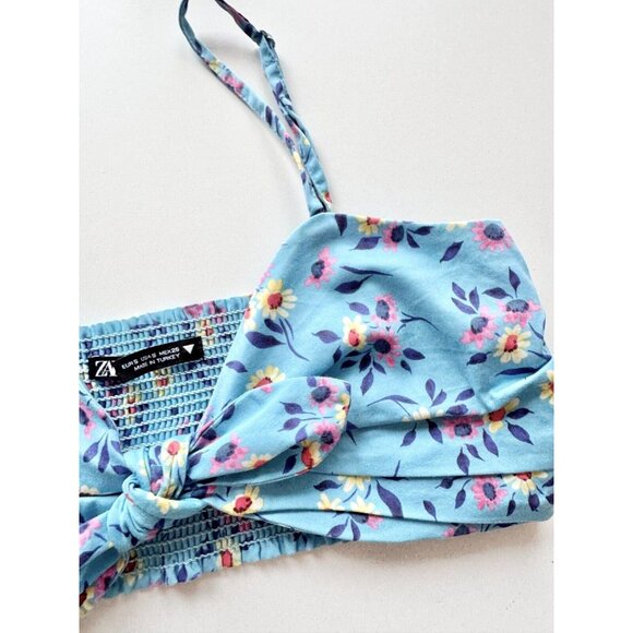 ZARA Blue Floral Cotton Sateen Tie Front Cropped Tank Top, Size S - Picture 4 of 13